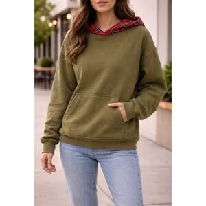 Urban Outfitters Olive Hoodie Red Plaid Hood Medium